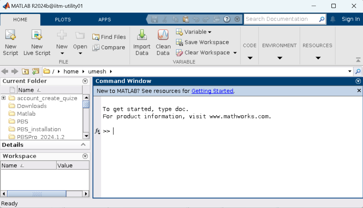 Screenshot of MATLAB environment